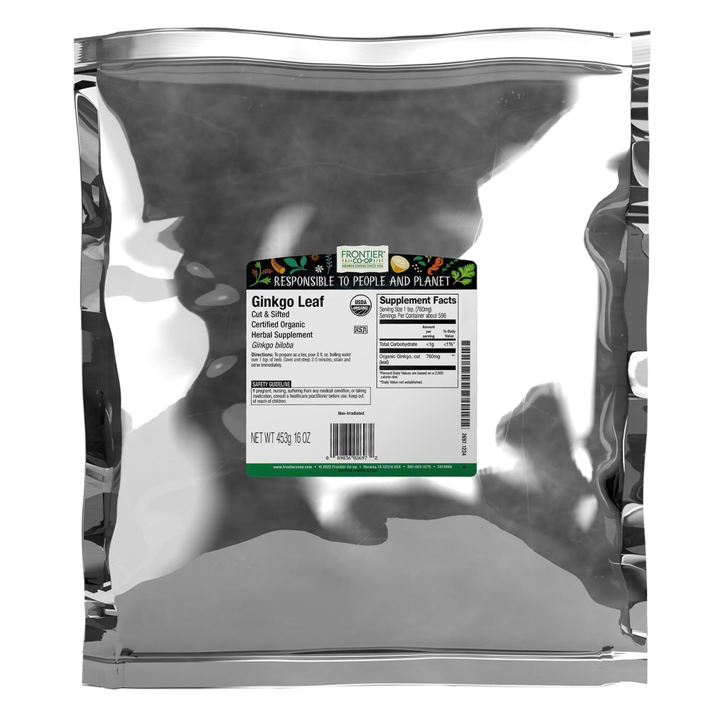 Frontier Co-op organisk Ginkgo Leaf, 1lb bulk pose, kutt og siftet | Tørket Ginkgo Biloba Leaf | Ideell for te og urtebruk, Kosher