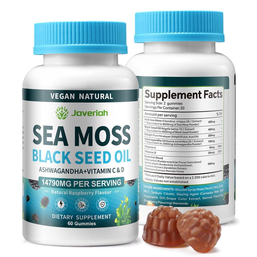 Vegansk Ashwagandha Sea Moss Gummies - Svart Seed Oil, Vitamin C & D for immun støtte, Digestiv, Antioksidant 13 i 1 Bundle, Sea Moss Klorofyll Avansert styrke Formula 2Pack 120 Gummies