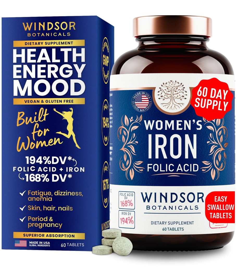 Jern og folsyre kosttilskudd for kvinner - 35 mg Gentle Iron Vitamin, Folinsyre 400mcg - Anemi, Periode, Graviditetsstøtte Supplement, Ferrous Sulfate Piller - 60 Vegan Non-Constipating Tabletter