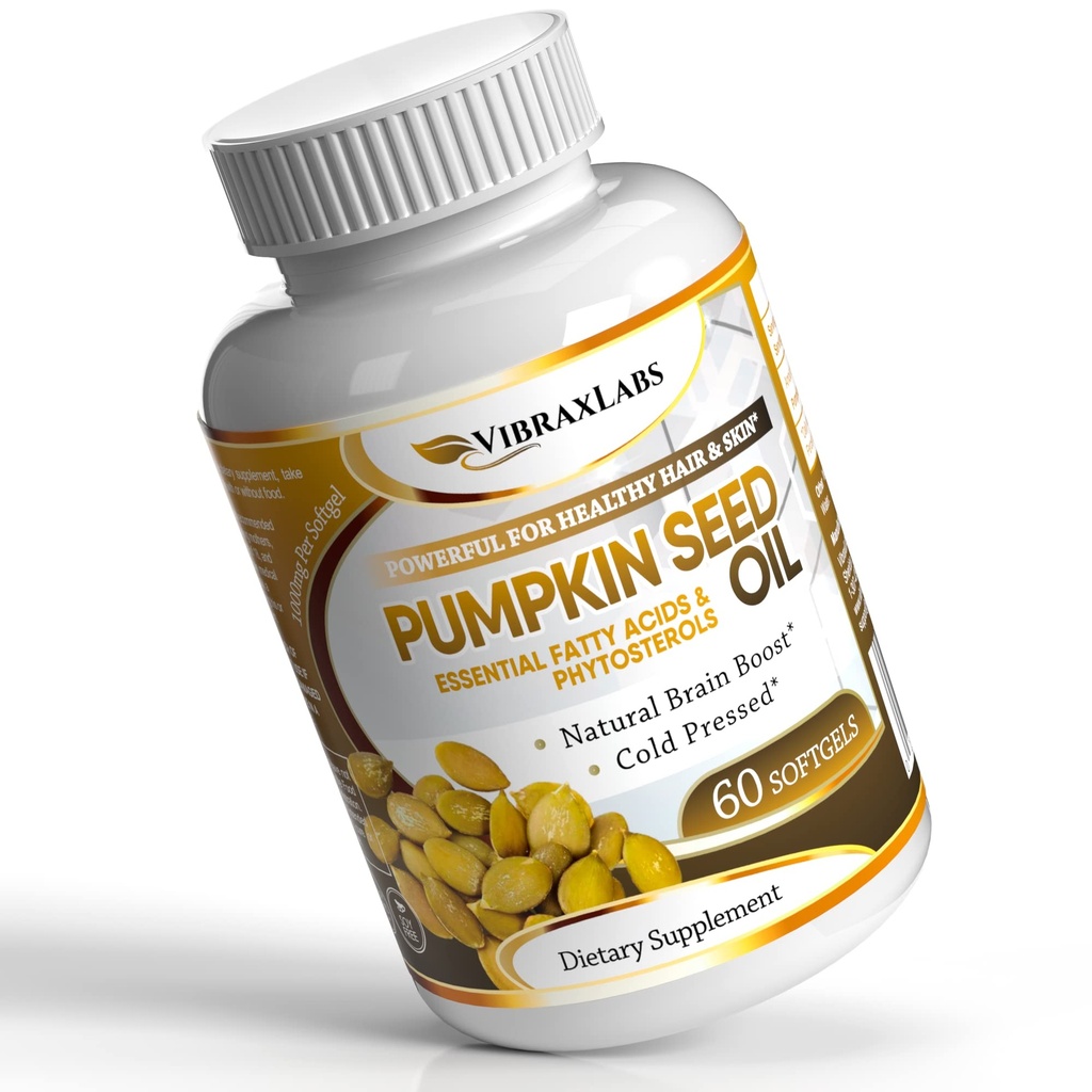 vibraxlabs Pumpkin Seed Oil - 100% kalde presset ren 1000mg ekstraksjon - beste for hårvekst, yngre utseende hud og ansikt, Bladder Control Supplement, 60 Softgels