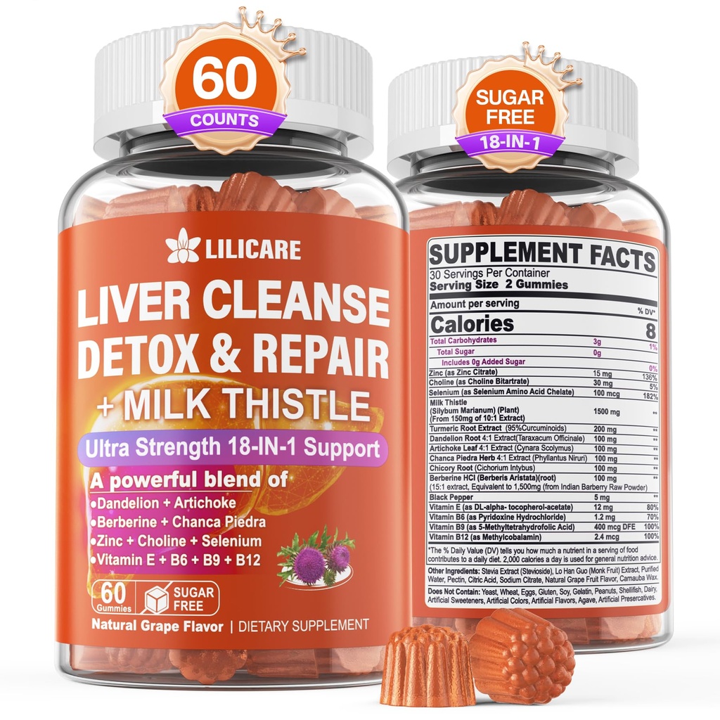 1Pack Melk Thistle Liver Detox Gummies, 18-i-1 Liver Cleanse Detox & Repair Supplement med Berberine, Chicory Root, Turmeric, Artichoke, Dandelion Root, Chanca Piedra, Vitaminer B6 B12 - Sukkerfri