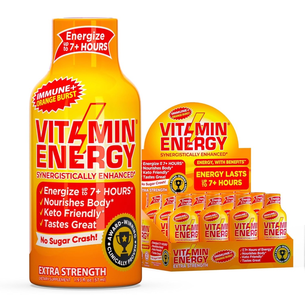 Vitamin Energi Immun + Extra styrke Energi Shot - Orange Burst - 100% DV B-vitaminer & 260mg Koffein - null kalorier, sukker-fri, vegansk, - immunitet og energi støtte - 1,93 fl oz, 12-Pack