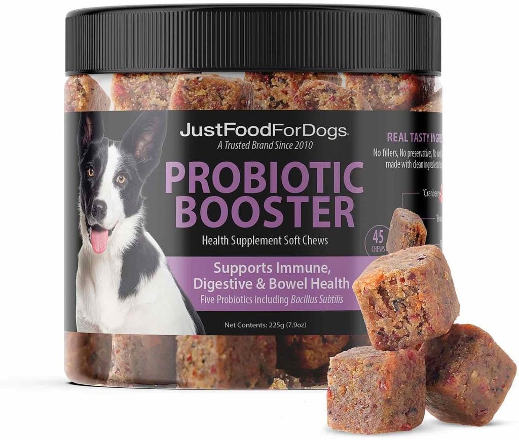 JustFoodForDogs Probiotic Booster Gut Helse Myke Chews Supplement for hunder, Digestive Helsesupport, Diarrea, Human Grade ingredienser - 45 Count