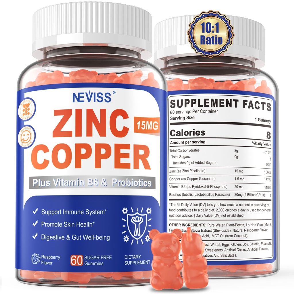 Zink gummier med kobber + probiotika, vitamin B6 for maksimal absorpsjon, sink kosttilskudd for menn og kvinner, to essensielle mineraler balanse formel for immunitet og Gut helse, vegan, ikke-GMO, 120 Cts