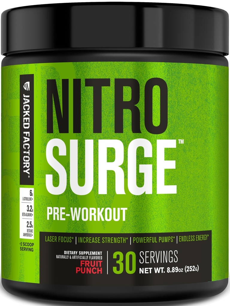 Jacked Factory NITROSURGE Pre Workout Supplement - Endless Energy, Instant Styrke gevinster, Clear Focus & Intense Pumper - Ingen Booster & Kraftig Preworkout Energi pulver - 30 Serveringer, Fruit Punch