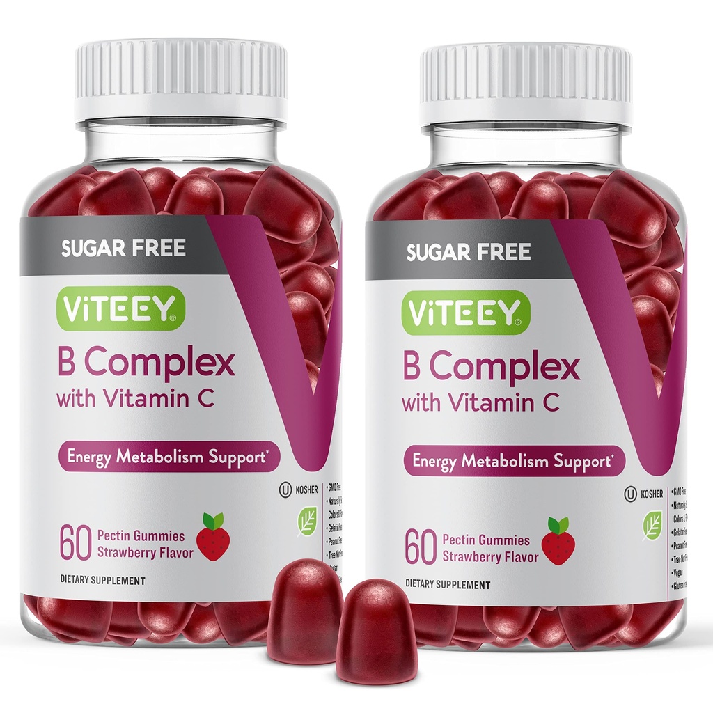 VITEEY Vitamin B Complex Gummies med vitamin C, sukker gratis - Energi, metabolisme og Nerve Helse - B6, B12, Folinsyre, Biotin - Vegan, Gelatin Gratis, GMO Gratis - Tastig Chewable Jordbær Flavored Gummy