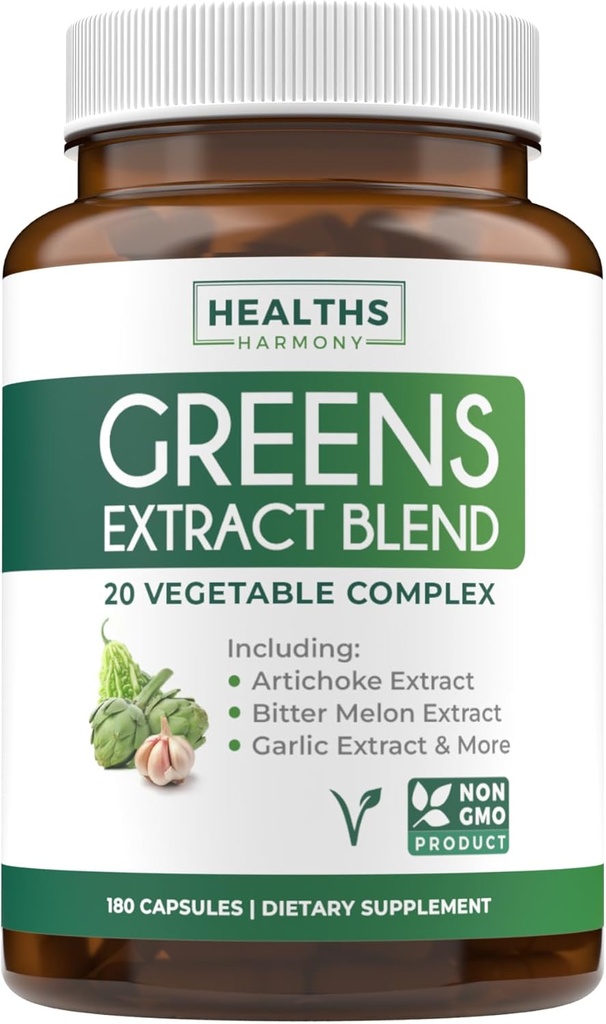 Super Greens Antioksidanter Superfoods 2250mg Supplement - 20 Ingredienser med spruter, Mushrooms, Roots, Hvitløk, Bitter Melon, Artichoke, Celery Seed, Cayennepepper, Alfafa NON GMO - 180 Kapsler