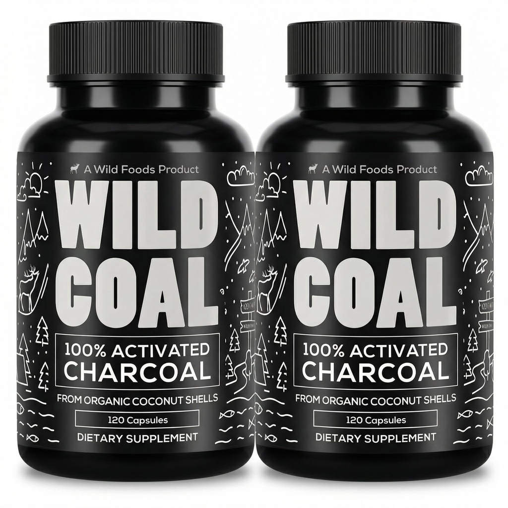 Wild Foods Aktivert Charcoal Capsules | 100% økologisk kokosnøtt Shells Aktive tabletter for gloating relief | Lab testet og ikke-GMO Detox piller | USA (To flasker - 120 kapsler)