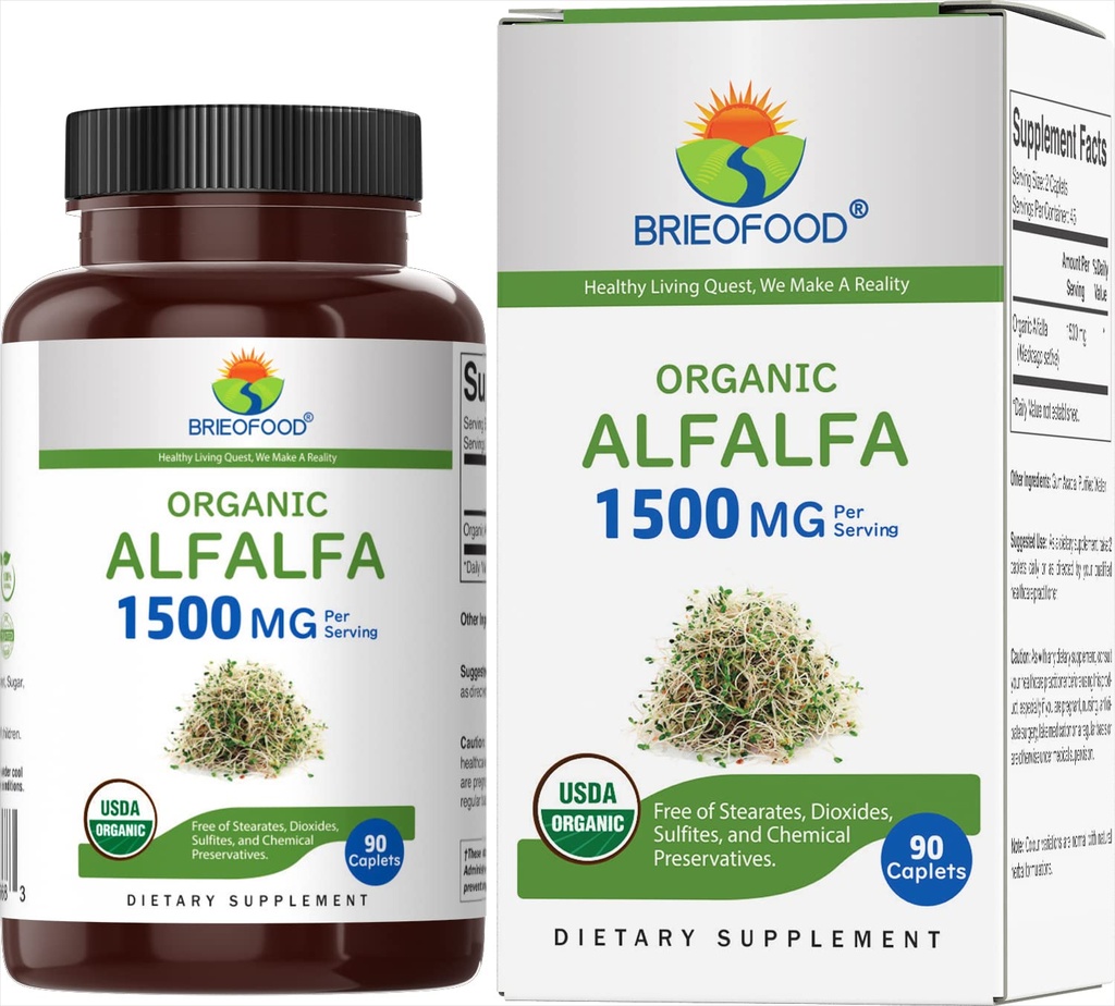 Brieofood organisk Alfalfa 1500mg, 45 Serveringer, Vegetarisk, Glutenfri, 90 Vegetariske tabletter