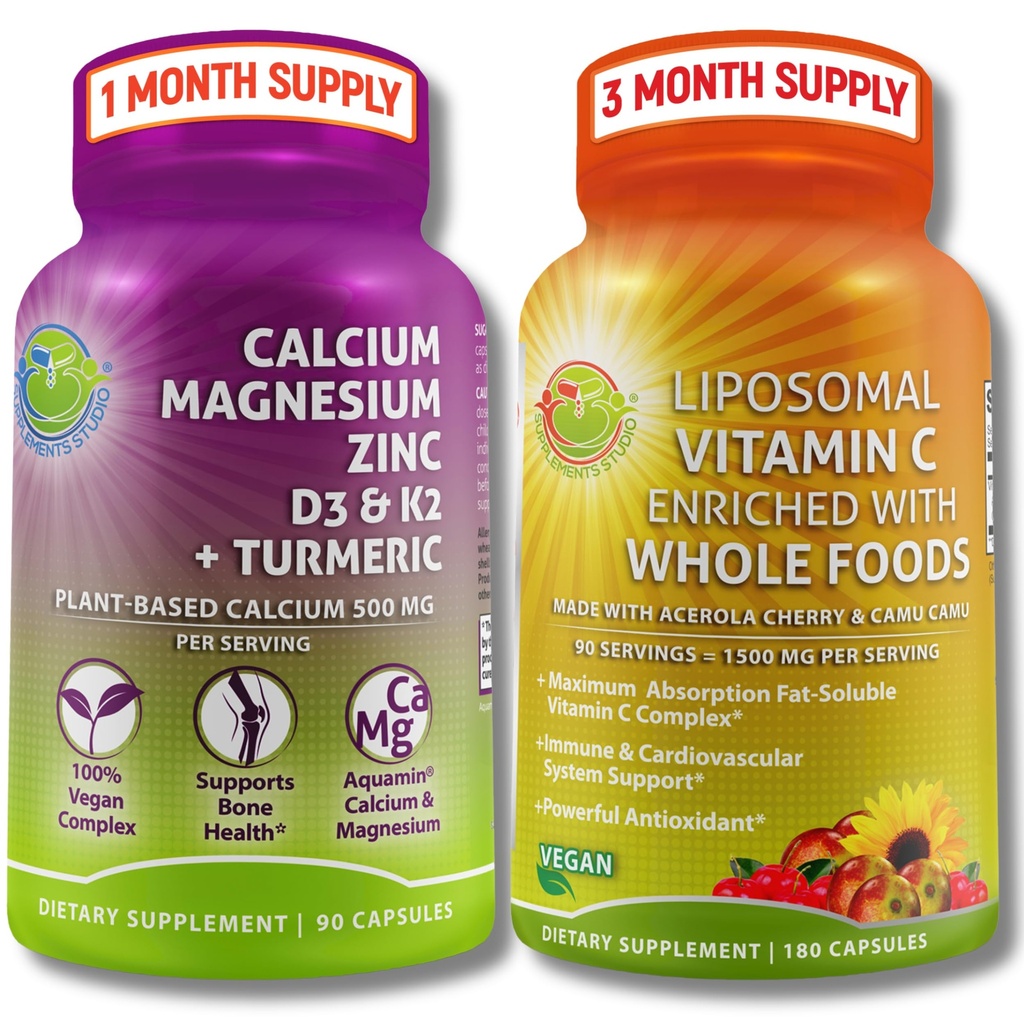 Plantebasert bein- og immunstøtte Supplement Bundle – Liposomal Vitamin C 1500 mg med organisk acerola & Camu Camu + Kalsium Magnesium Sink med vitamin D3, K2 & Turmeric – Vegan, ikke-GMO