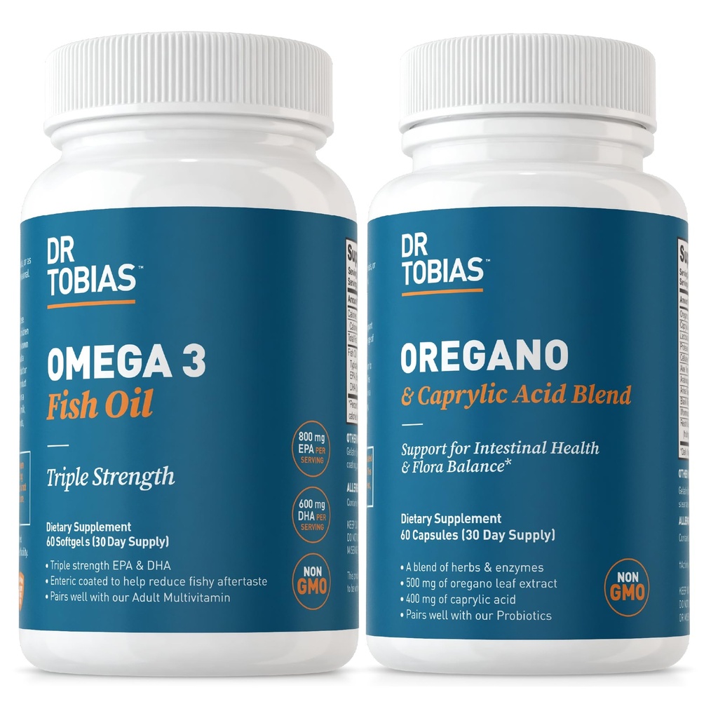 Dr. Tobias Omega 3 Fiskeolje og Oregano & Caprylsyre kosttilskudd, støtter hjerte, hjerne, immun med Gut Flora Balance Complex & Intestinal helse for kvinner og menn