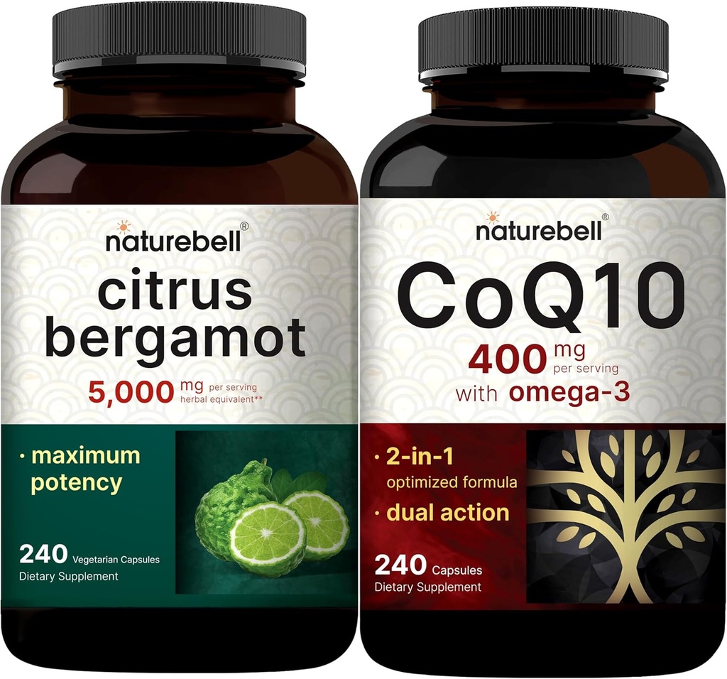 NatureBell CoQ10 400mg Kapsler med Omega 3 fettsyrer og citrus Bergamot Veggie kapsler 5.000 mg tilsvarende Bundle Pack | Stabil høy absorpsjon Form | høy antioksidant nivå