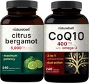NatureBell CoQ10 400mg Kapsler med Omega 3 fettsyrer og citrus Bergamot Veggie kapsler 5.000 mg tilsvarende Bundle Pack | Stabil høy absorpsjon Form | høy antioksidant nivå