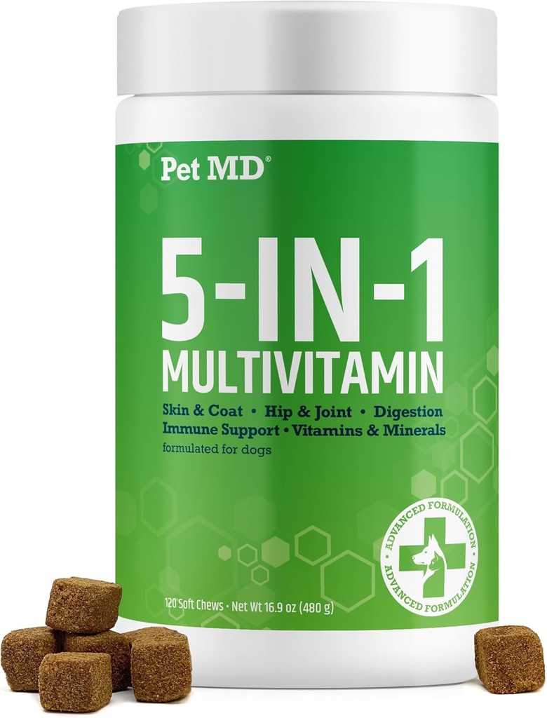 Kjæledyr MD 5in1 Hund Multivitamin - 30 essensielle vitaminer, mineraler og næringsstoffer for huden og Coat, Hip & Joint, Digestion, Immun & Senior Dog Vitaminer - Glukosamin, Omega 3 6 9 og Probiotika - 120 ct
