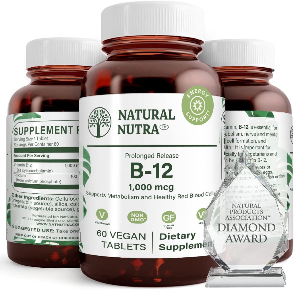 Naturlig Nutra Vitamin B12 1000 mcg, kobalamin B 12 Supplement, kalsiumfosfat, Hjelp i metabolisme Helse, Støtter nervesystemet, Optimal absorpsjon, Glutenfri, Sukkerfri, 60 Vegantabletter