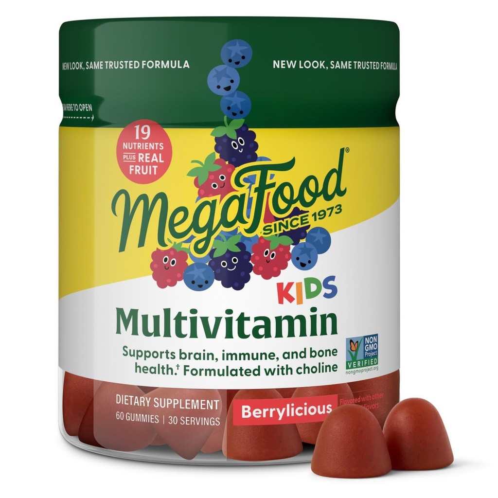MegaFood Kids Multivitamin Gummies - Barn Vitaminer - Alder 4+ med vitamin C, vitamin D, sink, Choline og ekte frukt - Brain & Immun Support - Berrylicious Flavor - 60 Gummies (30 Serveringer)