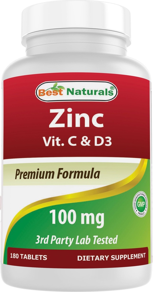 Beste Naturals Sink 100 mg med vitamin C & D3 180 tabletter Glutenfri og ikke-GMO