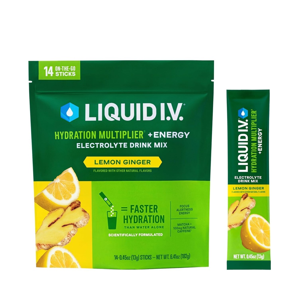 Liquid I.V.® Hydration Multiplikator +Energy - sitron Ginger | Electrolyte pulverdrikk blanding | 1 pakke (14 serveringer)