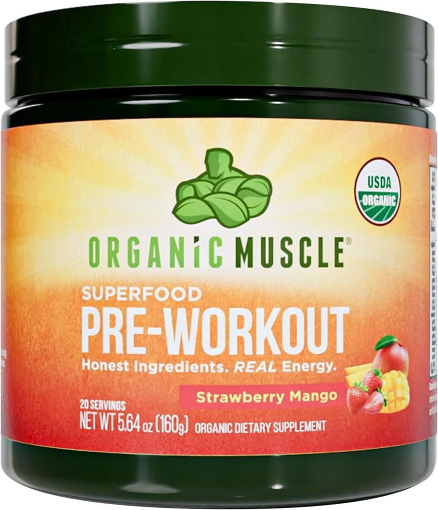 Organic Muscle Organic Pre Workout pulver, Jordbær Mango — USDA Organic Superfood blande | Maca, Beet Root, Cordyceps, Rhodiola | 150 mg naturlig kaffe, vegansk, ingen Jitters, 20 serveringer
