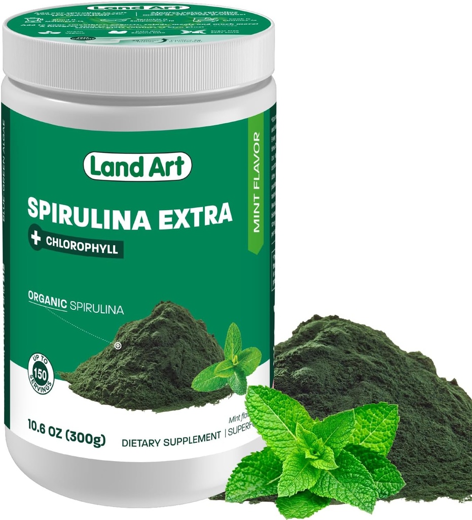 Land Art Organic Spirulina Extra pulver - Mint Flavored - 100% ren - 75 serveringer - Superfood - god smak og god lukt - 10% Bioaktiv Klorofyll - Kraftig kilde til antioksidanter
