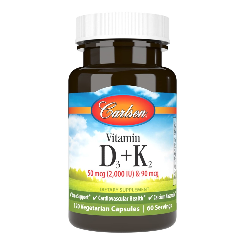 Carlson - Vitamin D3 + K2, 50mg (2000 IU) vitamin D3 og 90mg vitamin K2 som MK7, beinstøtte, kalsiumabsorpsjon, 120 kapsler