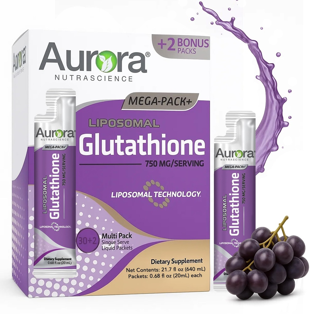 Aurora Nutrascience Mega-Liposomal flytende glutathion, immun- og antioksidant Gut helsestøtte Supplement, 750 mg per servering, ikke-GMO, sukker-fri, 32 Single Server pakker