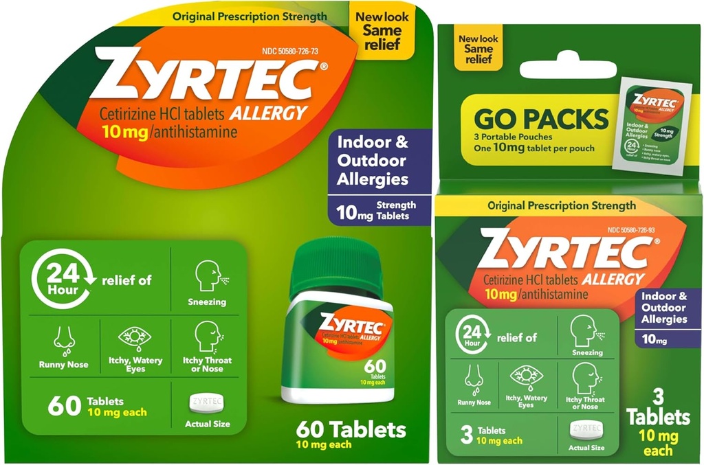 Zyrtec 24-timers Allergi Relief Tabletter, Innendørs og Utendørs Allergi Medisin med 10 mg Cetirizin HCl per Antihistamin Tablet, Bundle Pack, 60 ct + 3 ct Reisepakker, 63 greve