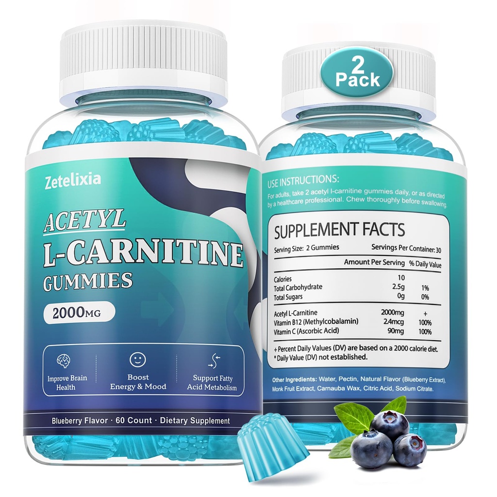 2 pakke sukker gratis acetyl L-karnitin gummier, L-karnitin Supplement for kvinner og menn, med vitamin C & B12, Alcar for energi, hjerne og hjerte helse støtte, vegansk, ikke-GMO, 120 greve