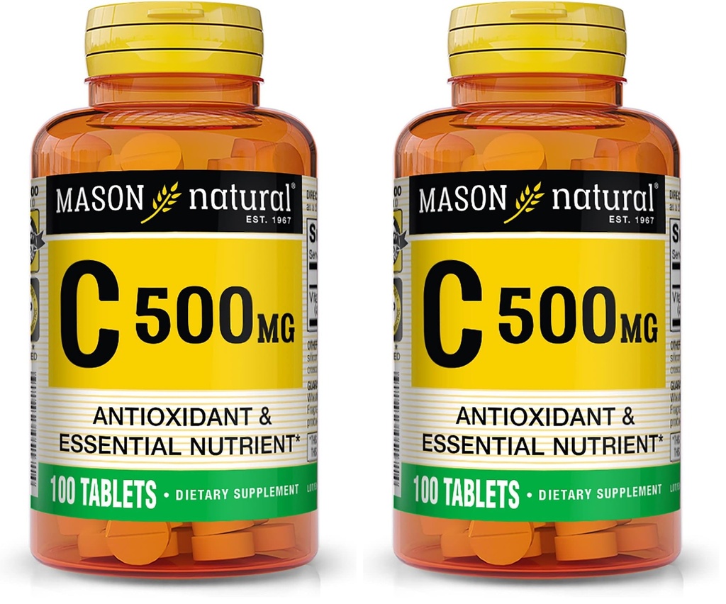 MASON NATURAL Vitamin C 500 mg - støtter sunn immunsystem, antioksidant og essensielt næringsstoff, 100 tabletter (pakke på 2)