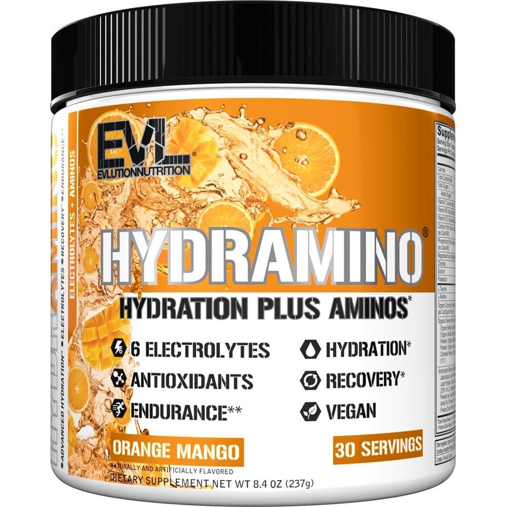Evlusjon ernæring HYDRAMINO komplett hydrasjon multiplier, alle 6 elektrolytter, Vitamin C & B, Fluid Boosting Aminos, kokosvann, utholdenhet, gjenoppretting, antioksidanter, 30 Servere, Orange Mango