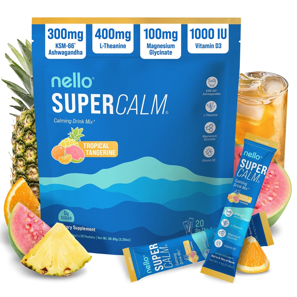 Nello Supercalm Powdered Drink Mix, Tropisk Tangerine, L Theanine, Ksm-66 Ashwagandha, Magnesium Glycinat, vitamin D 3, Kosttilskudd for avslapning og fokus, Naturlig, Ingen sukker, Ikke GMO, 20 Srvg