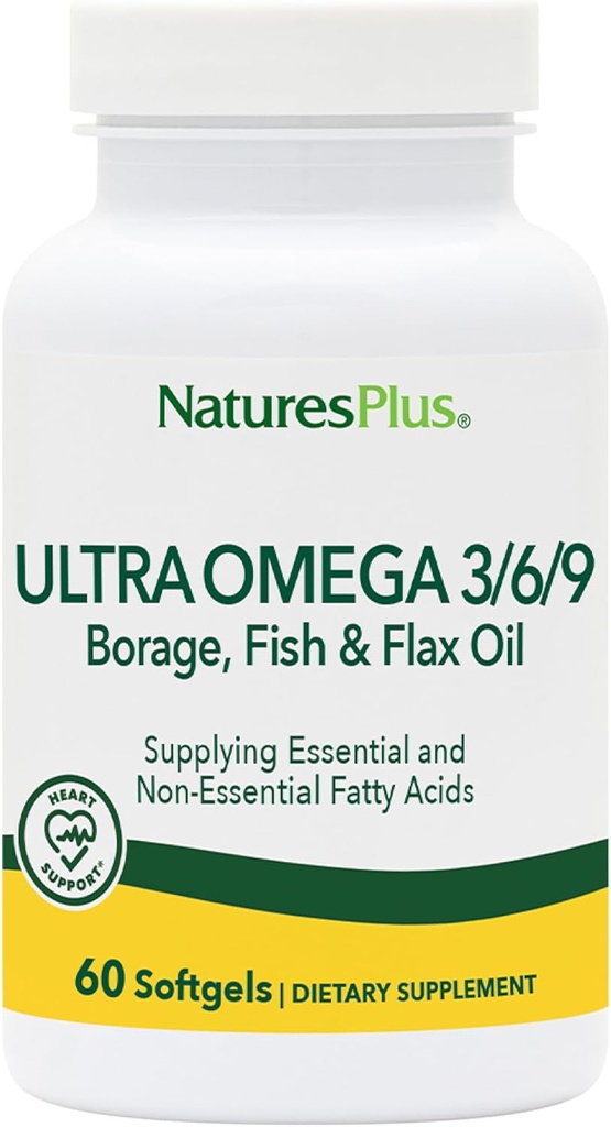 Natures Plus Ultra Omega 3 6 9-1200 mg, 60 Softgels - Boreolje, Fiskeolje, Flaksolje Supplement, Glutenfri - 60 Serveringer