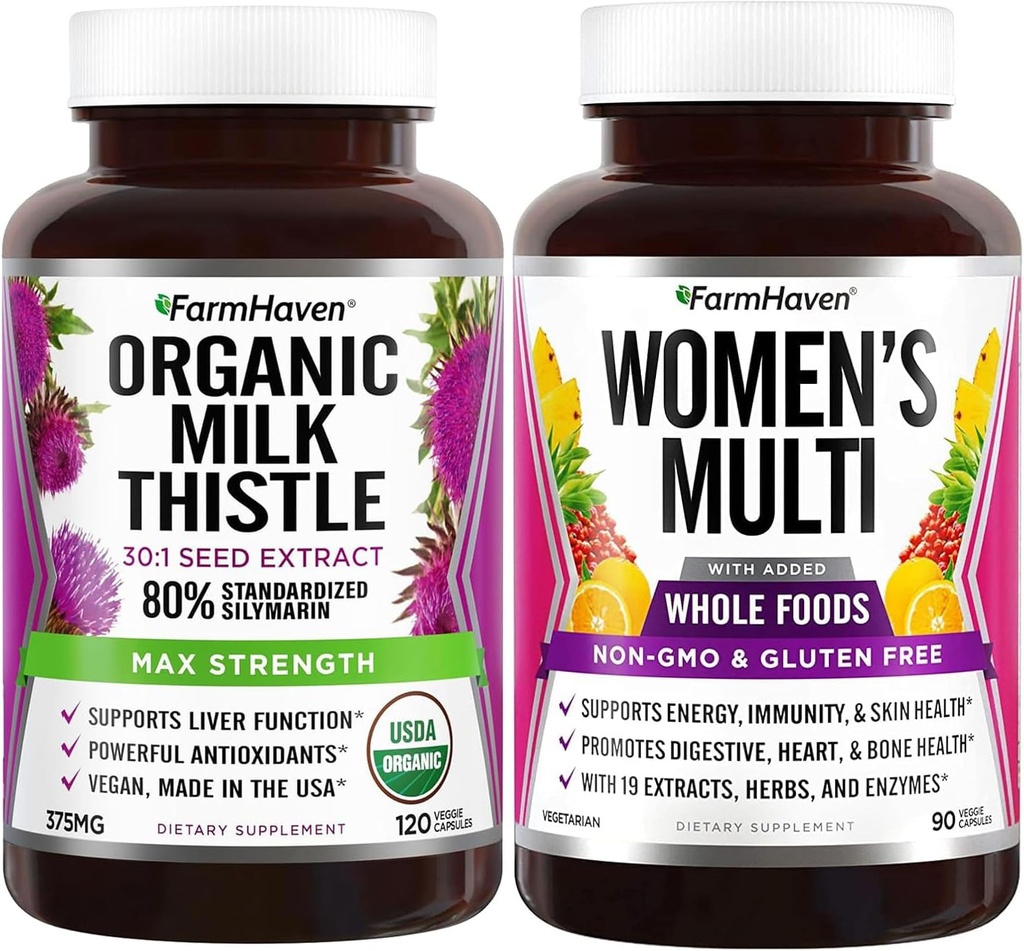 FarmHaven Milk Thistle Capsules og Multivitamin for kvinner | 22 Essentielle næringsstoffer, frukter og grønnsaker Kvinner Multivitamin | Boosts Energi, Immune, Hjertehelse Bundle