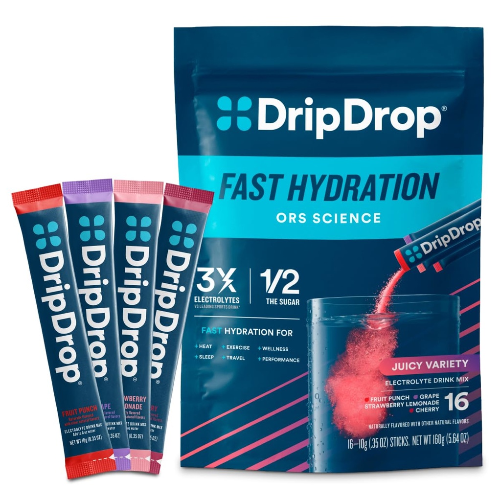 DripDrop Hydration Packets - Juicy Variety Pack - Single Servere Electrolytes pulverdrikk Blande - Grape, Frukt Punch, Jordbær Lemonade, Cherry - Ikke-GMO, Glutenfri, Vegan - 16 Sticks