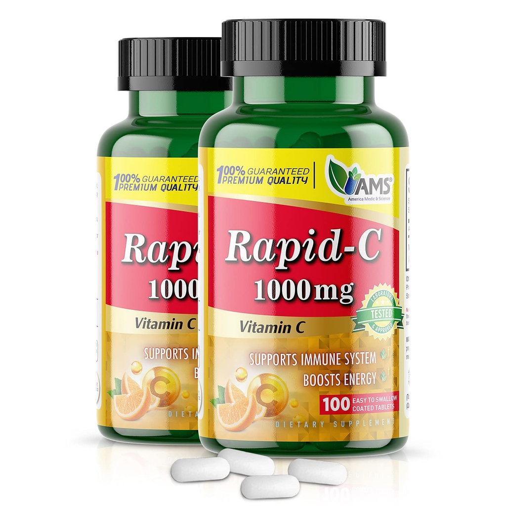 Amerika Medisin og vitenskap Rapid-C 1000mg vitamin C Supplement (2 Pakke med 100 tabletter) Energi Booster, daglig immunsystem støtte, antioksidant | Vegan, ikke-GMO coated askorbinsyre for voksne menn og kvinner