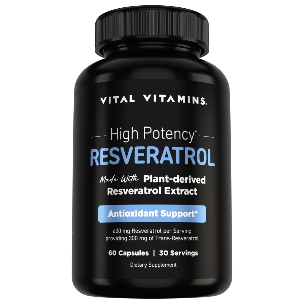Vital vitaminer Resveratrol Supplement - Antioksidant støtte, Cellular Longevity, Kognitiv funksjon - 60 kapsler