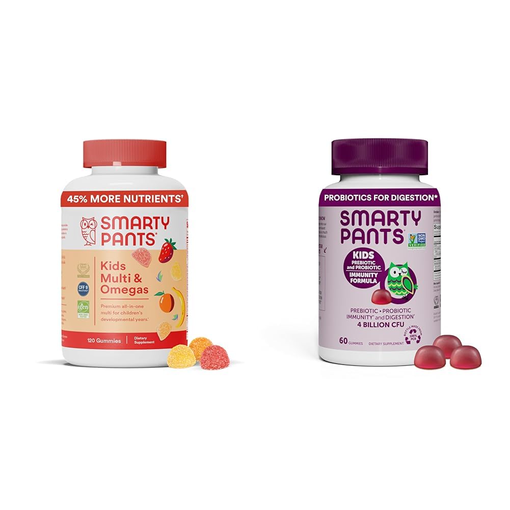 SmartyPants Kids Multivitamin Gummies and Probiotic Immunity Bundle: Omega 3 Fish Oil (EPA / DHA), vitamin D3, C, vitamin B12, B6, Digestiv og immun støtte Supplement (30 dagers forsyning)