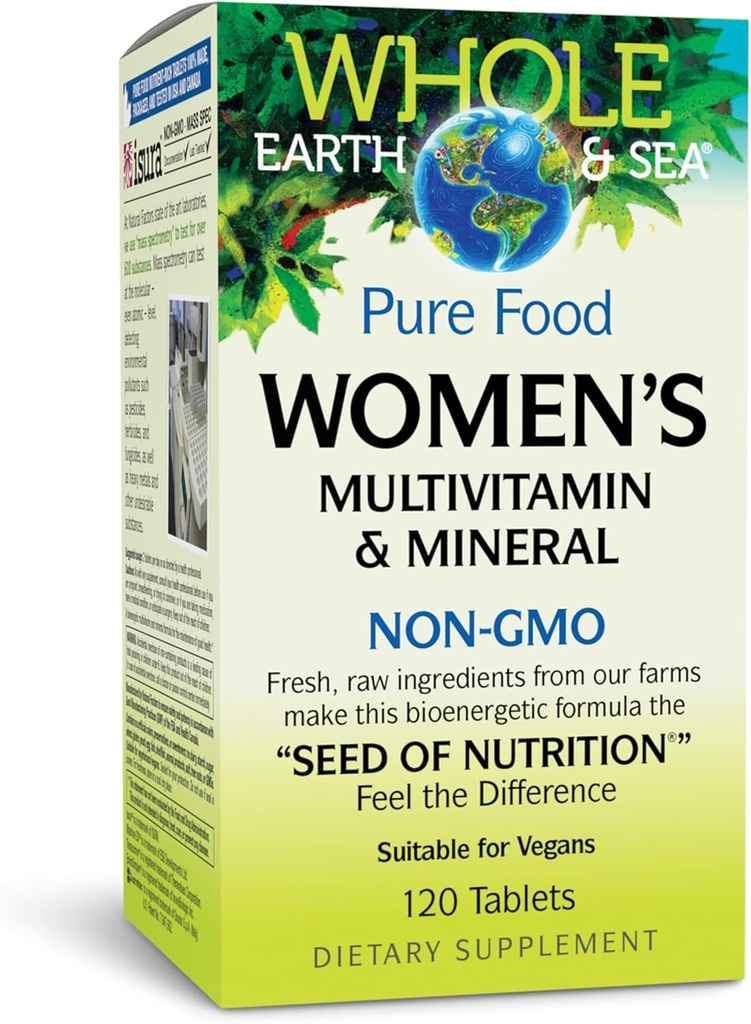 Naturlige faktorer hele jorden og havet kvinners multivitamin og mineral, hele mattilskudd, vegansk, 120 tabletter