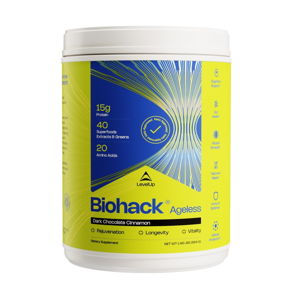 LevelUp Biohack Aldersløs: Colostrum kollagen Superfoods Antioksidanter Spermidin Aminosyrer Kreatin for kvinner og menn, Total Body Rejuvenation (Dark sjokolade kanel)