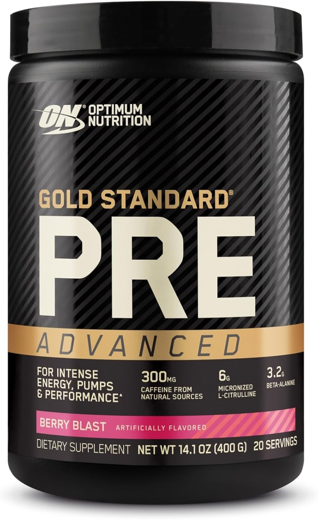 Optimal Ernæring gull standard pre trening avansert, med kreatin, Beta-Alanin, mikronisert L-Citrullin og koffein for energi, ketovennlig, berry Blast, 20 serveringer