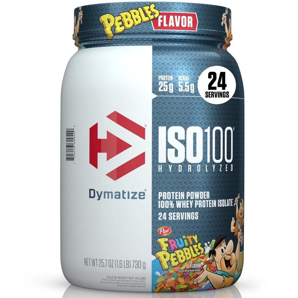 Dymatize x Fruity Pebbles ISO100 Whey Protein pulverisolat, 25g protein, 20 serveringer, 5,5 g BCAA, 120 kal., Glutenfri, 1g fett, 1g sukker, 2g karbohydrater (24 serveringer)