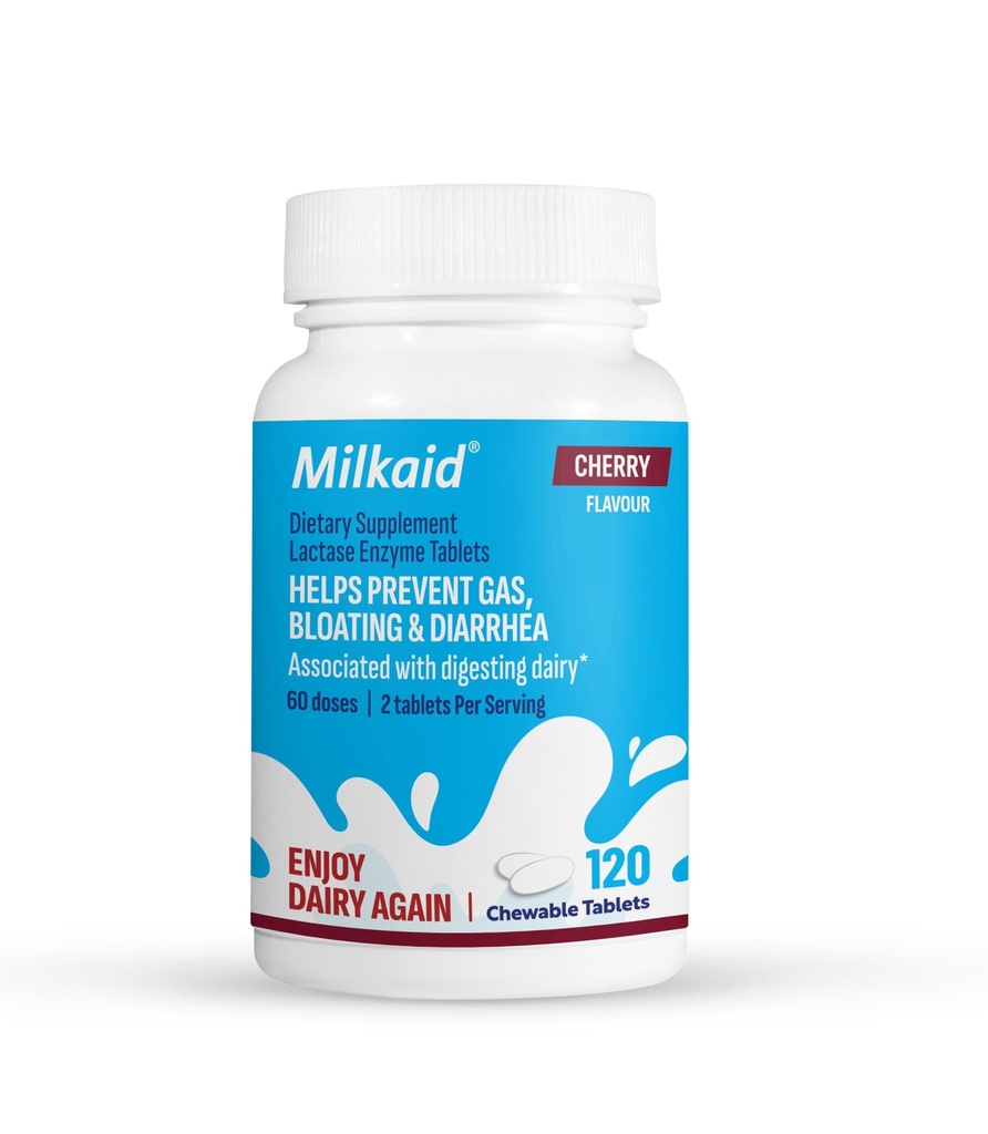 Melkeaid Lactase Enzyme Chewable tabletter for Lactose Intolerance Relief | forhindrer gass, bloating & diarrea | Fastvirkende Dairy Digestive Supplement (120 tabletter, Cherry)