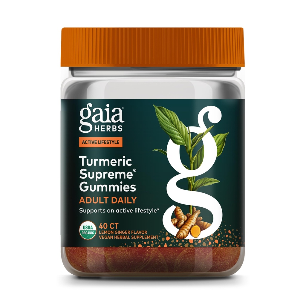 Gaia Herbs Turmeric Supreme Adult Daily Gummies-Daily Svelling Support for Sunn, Active Life-USDA Certified Organic Blend of Turmeric and Supportive Urter-40 Gummies(20-dagers Supply)