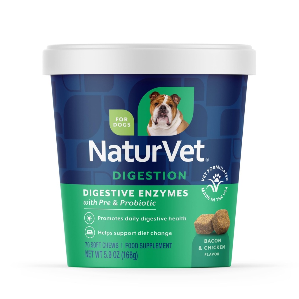 NaturVet – Digestive enzymer - Plus probiotika og prebiotika – bidrar til å støtte kostholdsendringer og et sunt digestive trekk – for hunder (Soft Chews, 70 Count)