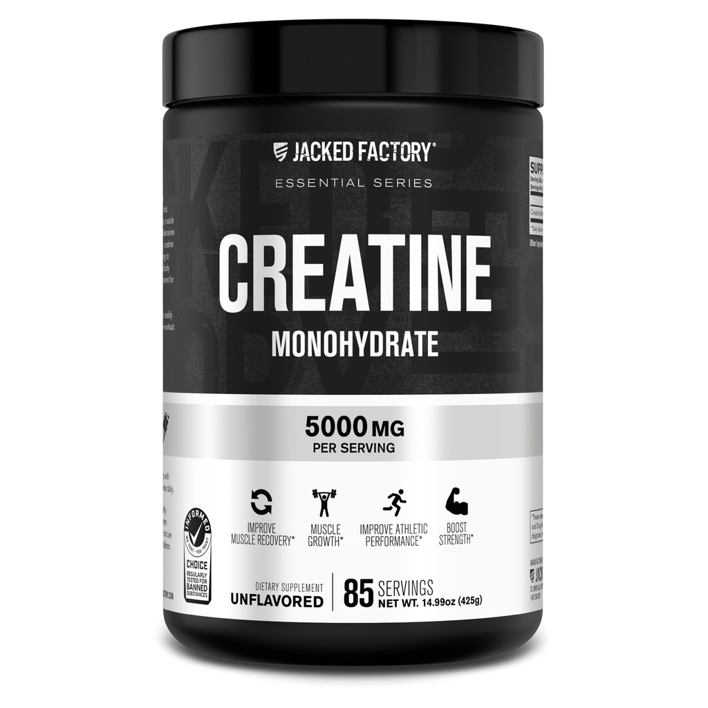 Jacked Factory Kreatin Monohydrat pulver 425g - 5g Daglig Kreatin Supplement for menn og kvinner, Vegansk-vennlig, tredjeparts testet - 85 Serveringer, Uslavored