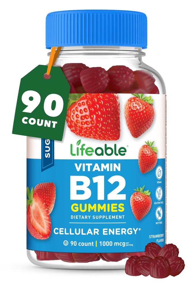 Livbart sukker Gratis vitamin B12 Gummies | 1000 mg | Great Tasting B12 Vitaminer Gummies | Energi, Mood og Metabolisme Støtte | B 12 Vitamin Gummies for menn, kvinner, voksne | 90 gummier