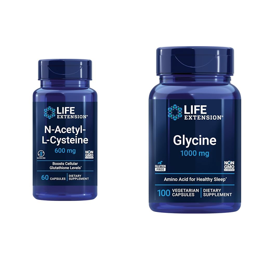 Livsforlengelse N-acetyl-L-cysteine (NAC) & Glycine 1000 mg, fremmer avslapping, sunn søvn, aminosyre, glutenfri, ikke-GMO, vegetarisk, 100 kapsler
