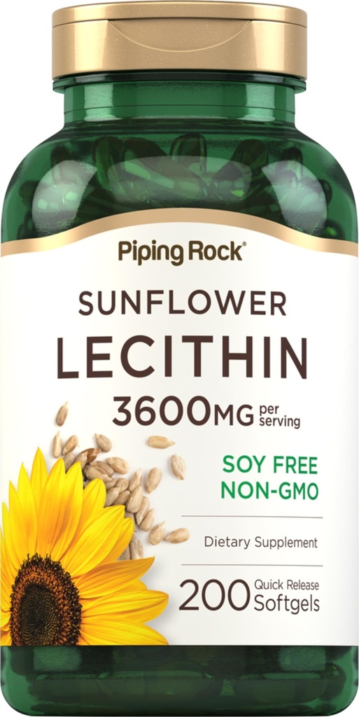 Piping Rock Sunflower Lecithin Softgel Capsules | 3600 mg | 200 greve | fra Fosfatidylkolin | Soja Free, Ikke-GMO, Glutenfri