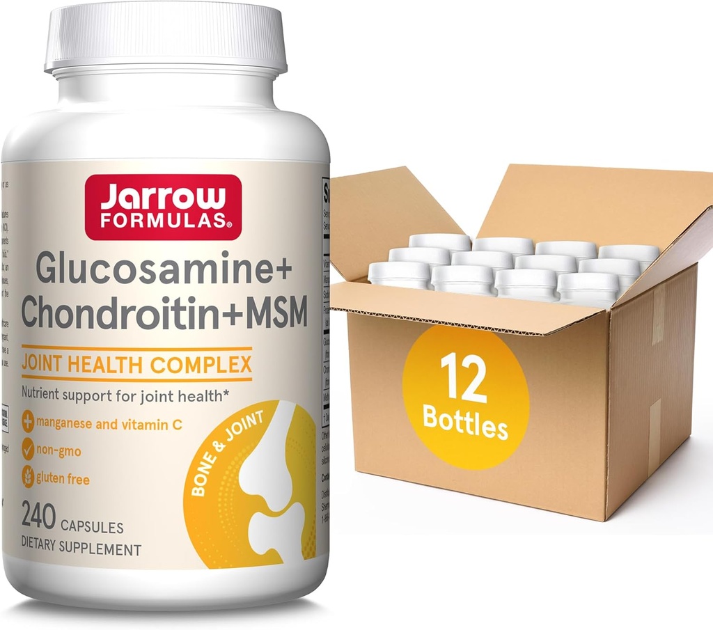 Jarrow Formler Glukosamin + Chondroitin + MSM-kapsler, felles støtte Supplement med vitamin C og Manganesisk, 240 kapsler, 60 dagers forsyning, pakke med 12