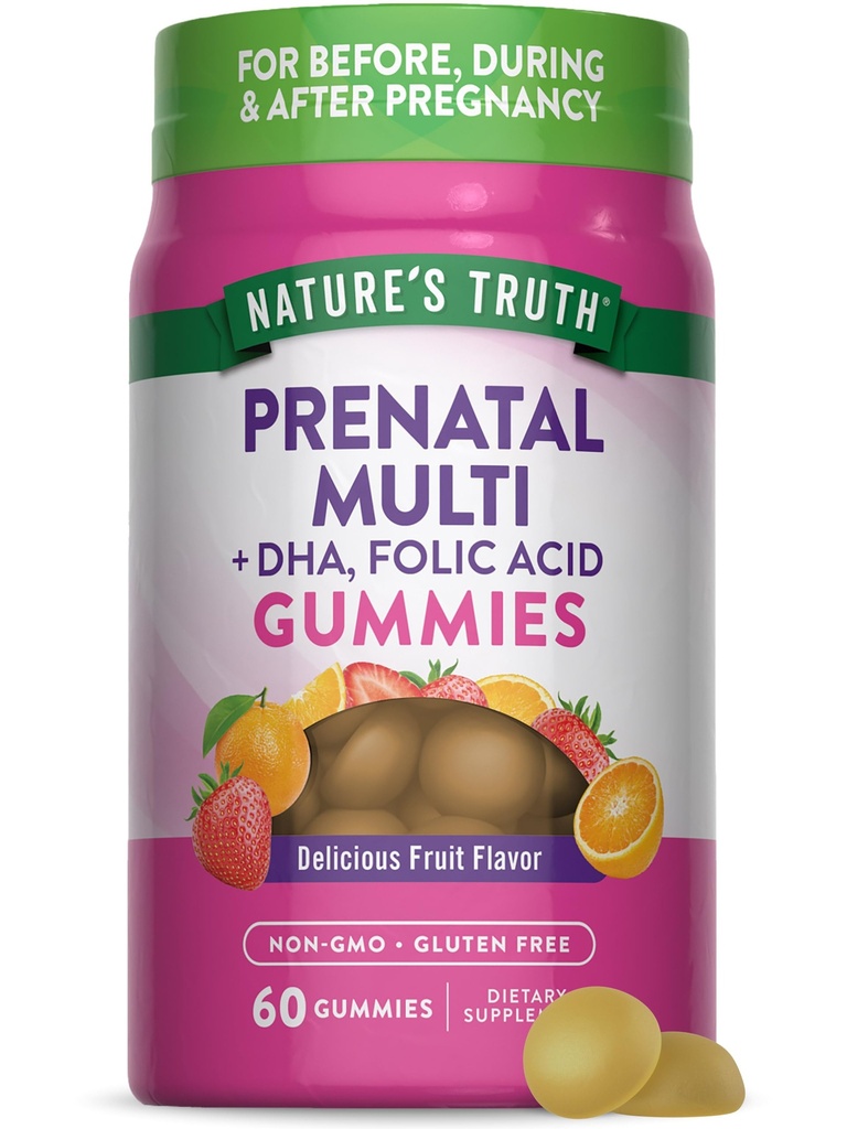 Naturens Sannhet Prenatal Multivitamin Gummier med DHA & Folsyre | 60 greve | Frukt Flavor | Ikke-GMO & Glutenfri Supplement